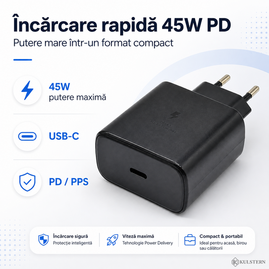 Încărcător USB-C 45W cu Power Delivery PD și PPS pentru încărcare rapidă