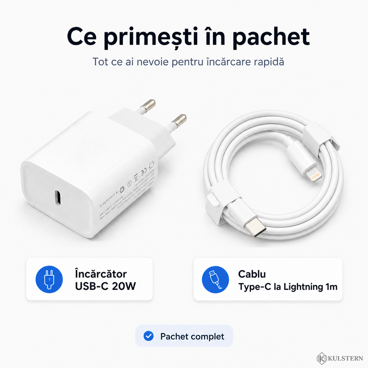 Pachet complet cu încărcător USB-C 20W și cablu Type-C la Lightning 1m