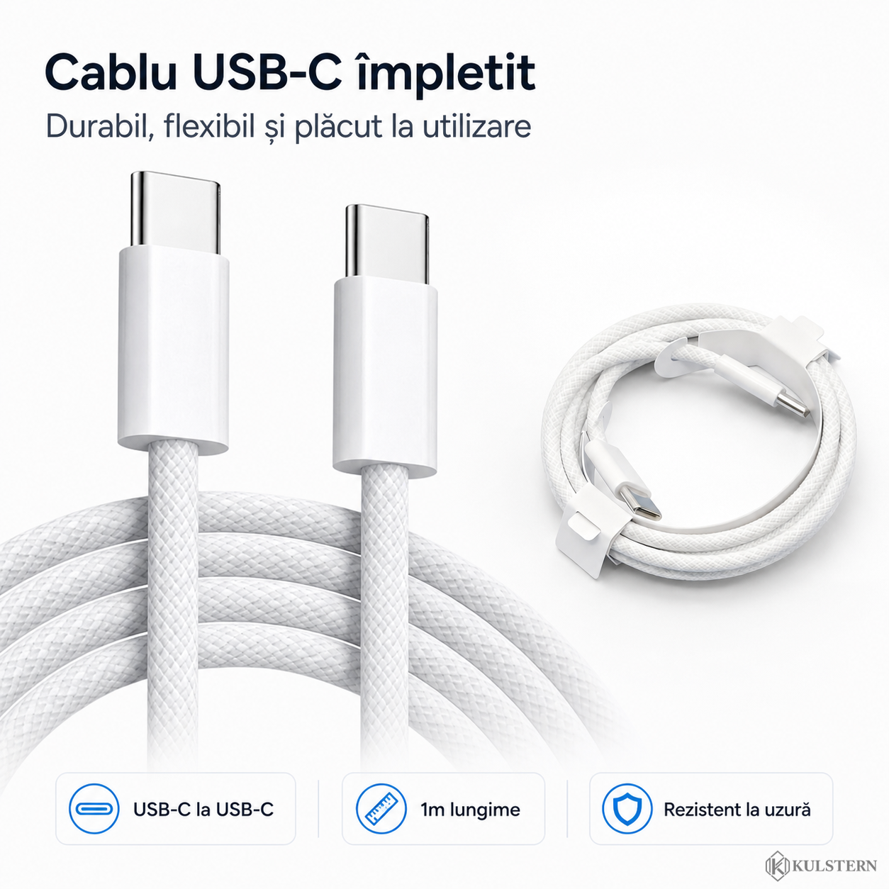 Cablu USB-C la USB-C împletit 1m inclus pentru încărcător Kulstern