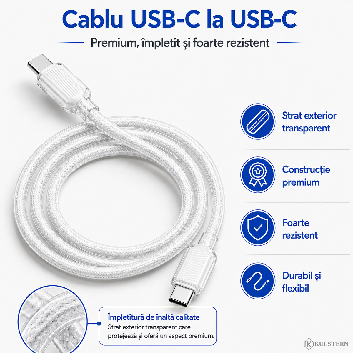 Cablu USB-C la USB-C de 1m Kulstern, alb, premium, împletit și rezistent, cu strat exterior transparent