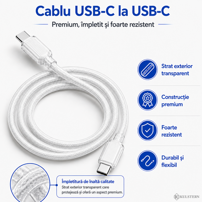 Cablu USB-C la USB-C de 1m Kulstern, alb, premium, împletit și rezistent, cu strat exterior transparent