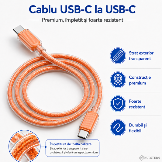 Cablu USB-C la USB-C de 1m Kulstern, premium, împletit și rezistent, cu strat exterior transparent, culoare portocalie
