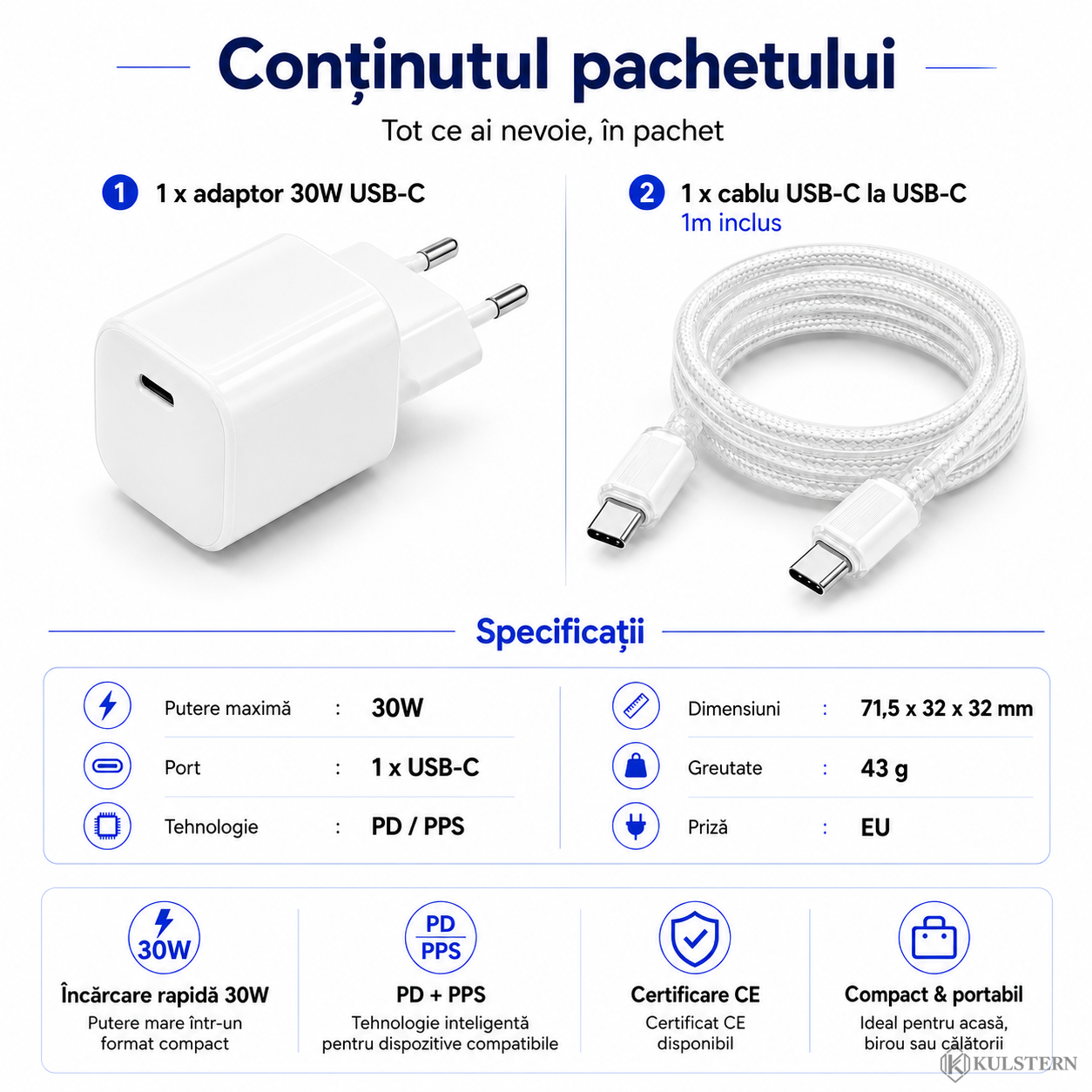 Conținut pachet încărcător Kulstern USB-C 30W alb PD PPS cu adaptor și cablu USB-C la USB-C de 1m inclus