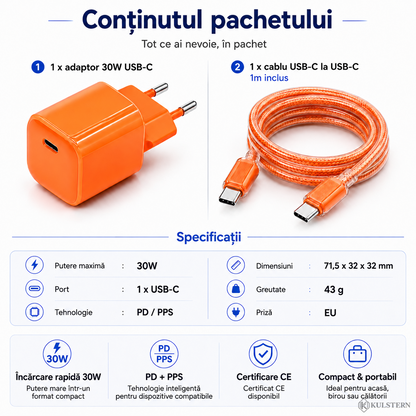 Conținut pachet încărcător Kulstern USB-C 30W PD PPS cu adaptor de rețea și cablu USB-C la USB-C de 1m inclus
