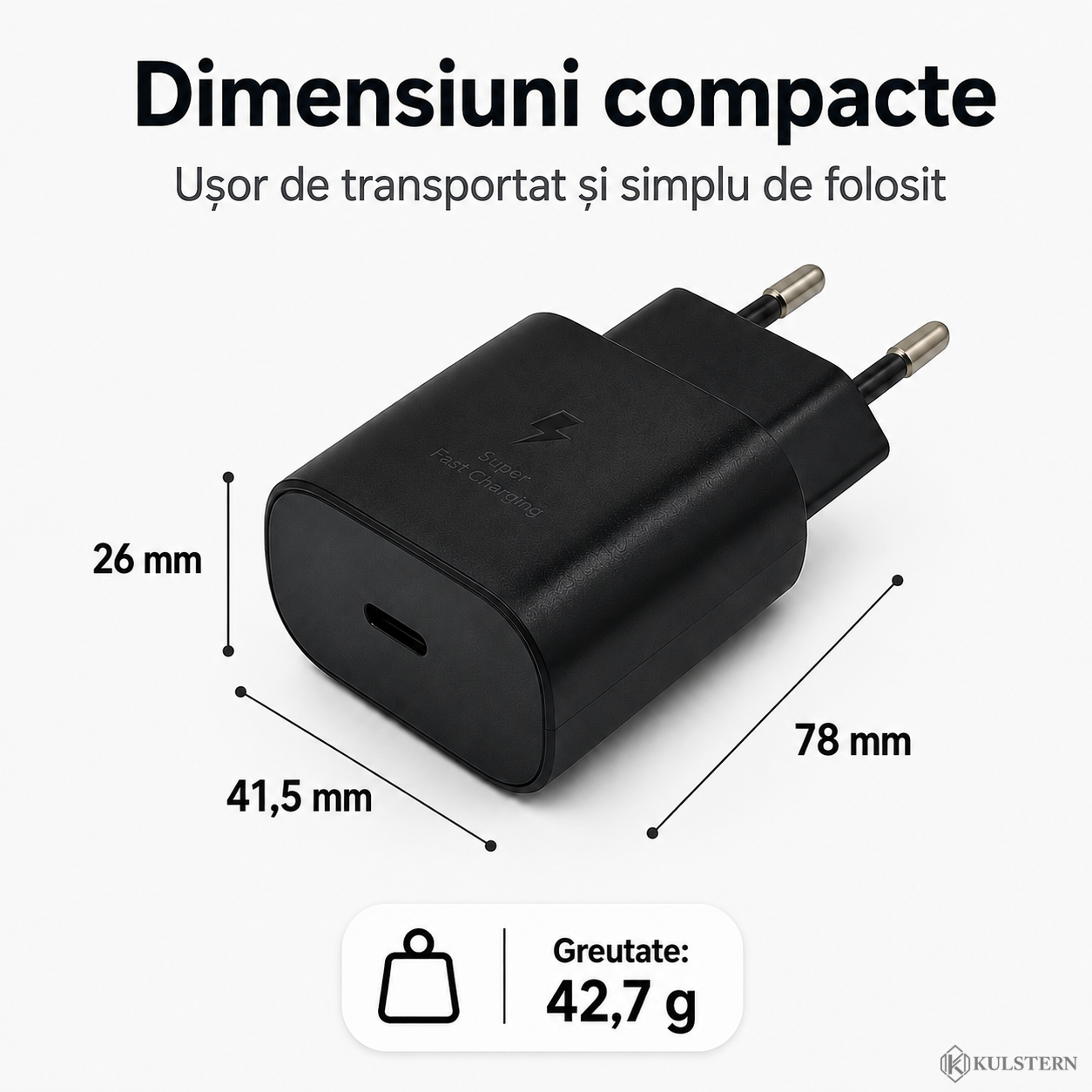 Dimensiuni încărcător USB-C 25W: 78 x 41,5 x 26 mm, greutate 42,7 g
