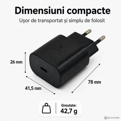 Dimensiuni încărcător USB-C 25W: 78 x 41,5 x 26 mm, greutate 42,7 g