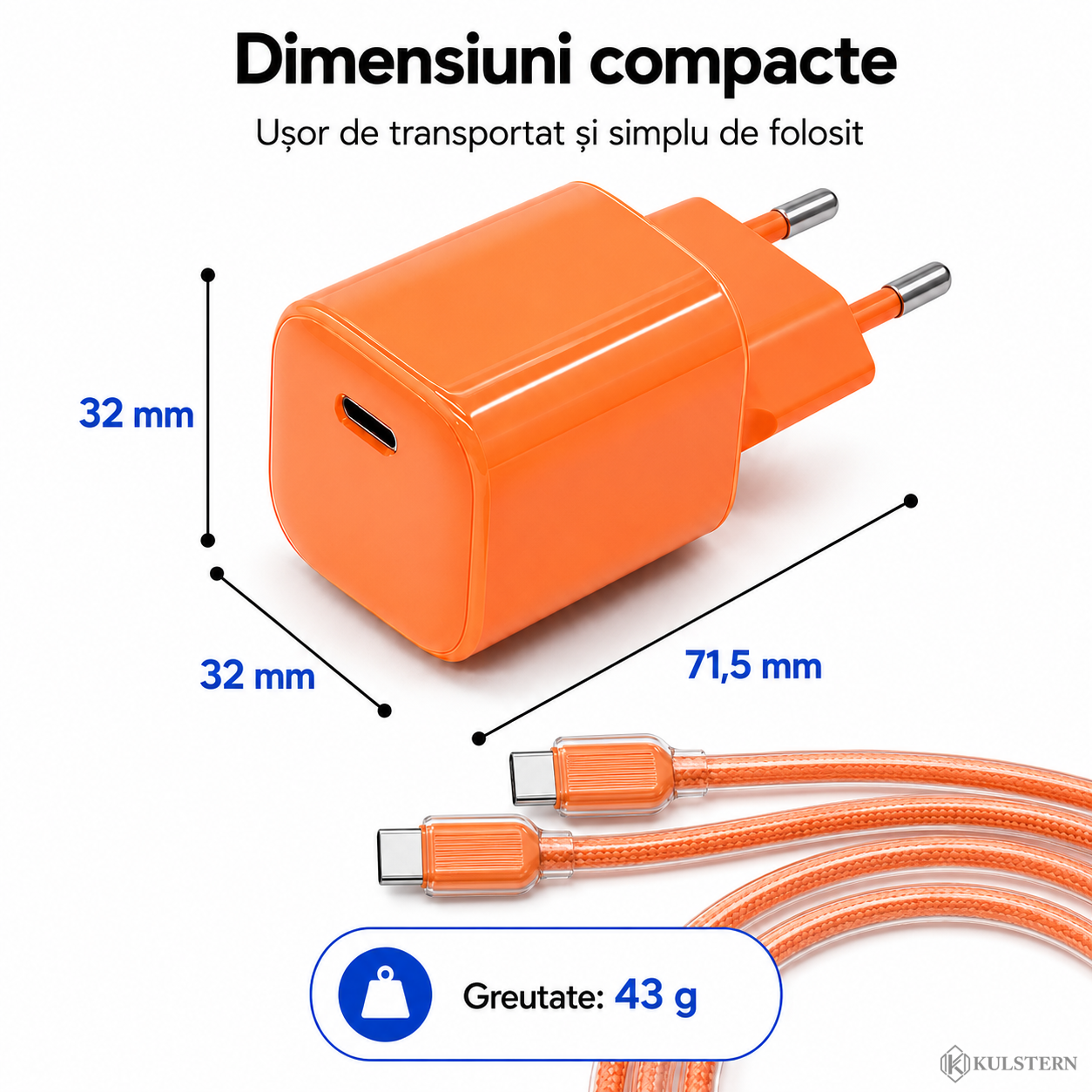 Dimensiuni încărcător USB-C 30W Kulstern 71,5 x 32 x 32 mm, greutate 43 g, adaptor compact cu priză EU