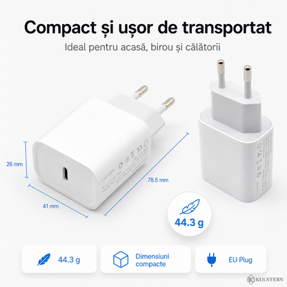 Încărcător 20W compact cu priză EU și dimensiuni reduse