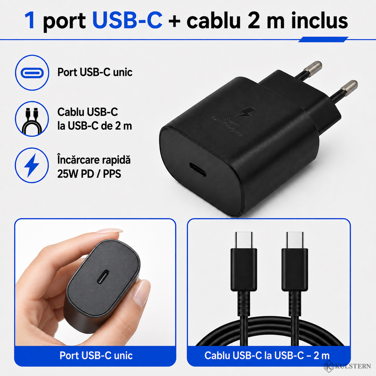 Încărcător 25W cu un port USB-C și cablu USB-C la USB-C de 2 metri inclus