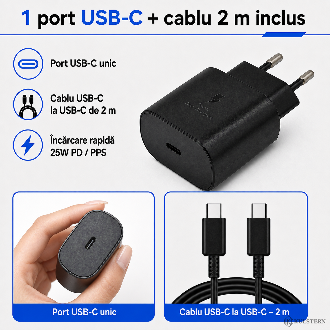 Încărcător 25W cu un port USB-C și cablu USB-C la USB-C de 2 metri inclus