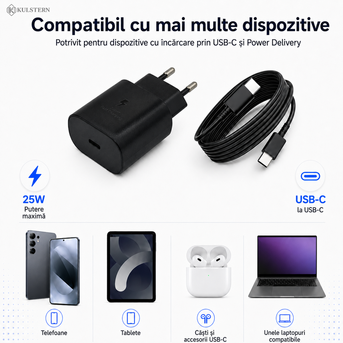 Încărcător USB-C 25W compatibil cu telefoane, tablete, căști și unele laptopuri USB-C PD
