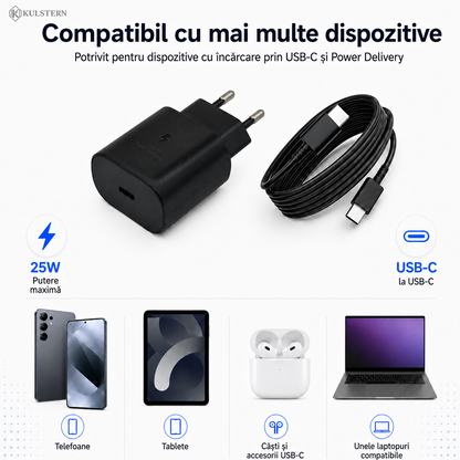 Încărcător USB-C 25W compatibil cu telefoane, tablete, căști și unele laptopuri USB-C PD
