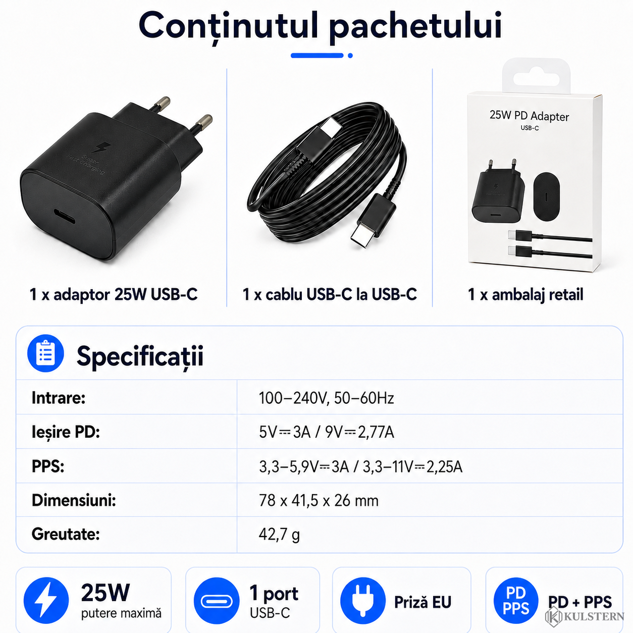 Conținut pachet încărcător USB-C 25W cu cablu 2 m și specificații PD PPS