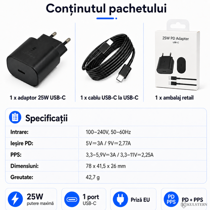 Conținut pachet încărcător USB-C 25W cu cablu 2 m și specificații PD PPS