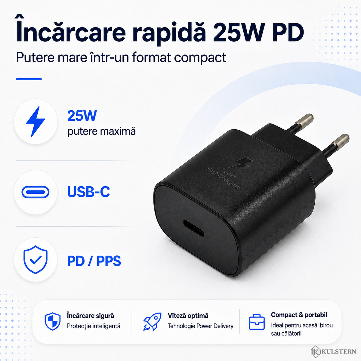 Încărcător USB-C 25W cu Power Delivery PD și PPS pentru încărcare rapidă