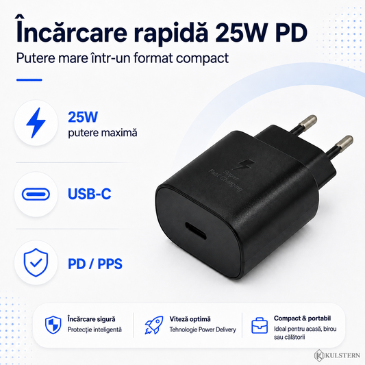 Încărcător USB-C 25W cu Power Delivery PD și PPS pentru încărcare rapidă