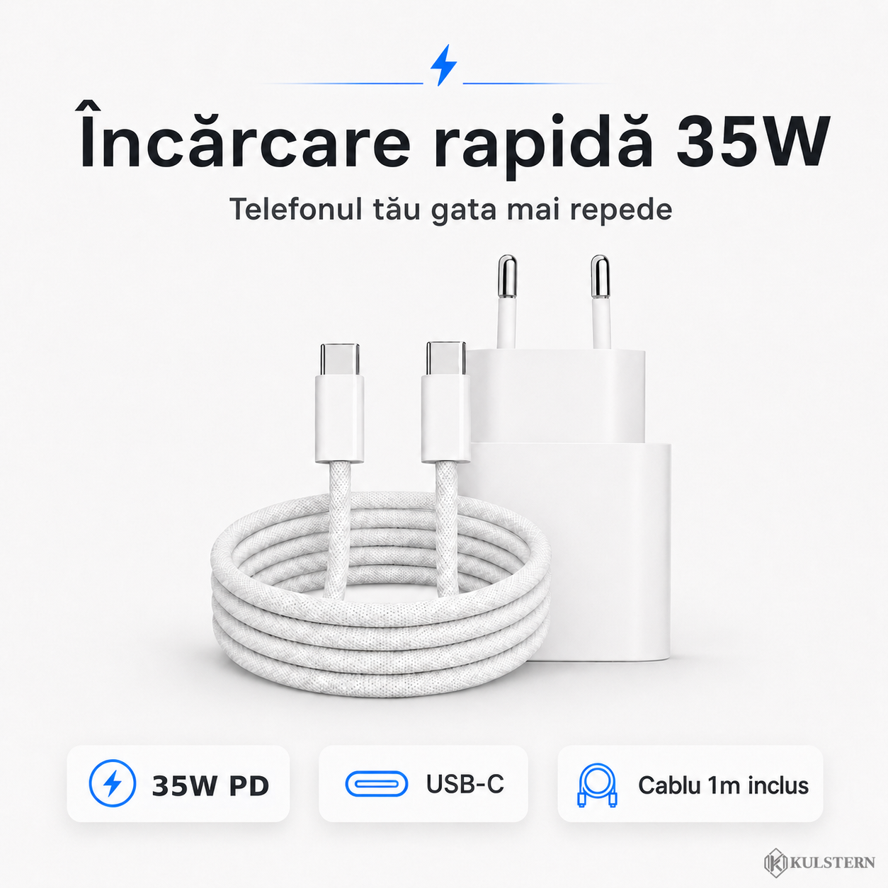 Încărcător USB-C 35W Power Delivery cu cablu împletit pentru încărcare rapidă