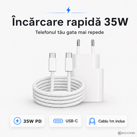 Încărcător USB-C 35W Power Delivery cu cablu împletit pentru încărcare rapidă