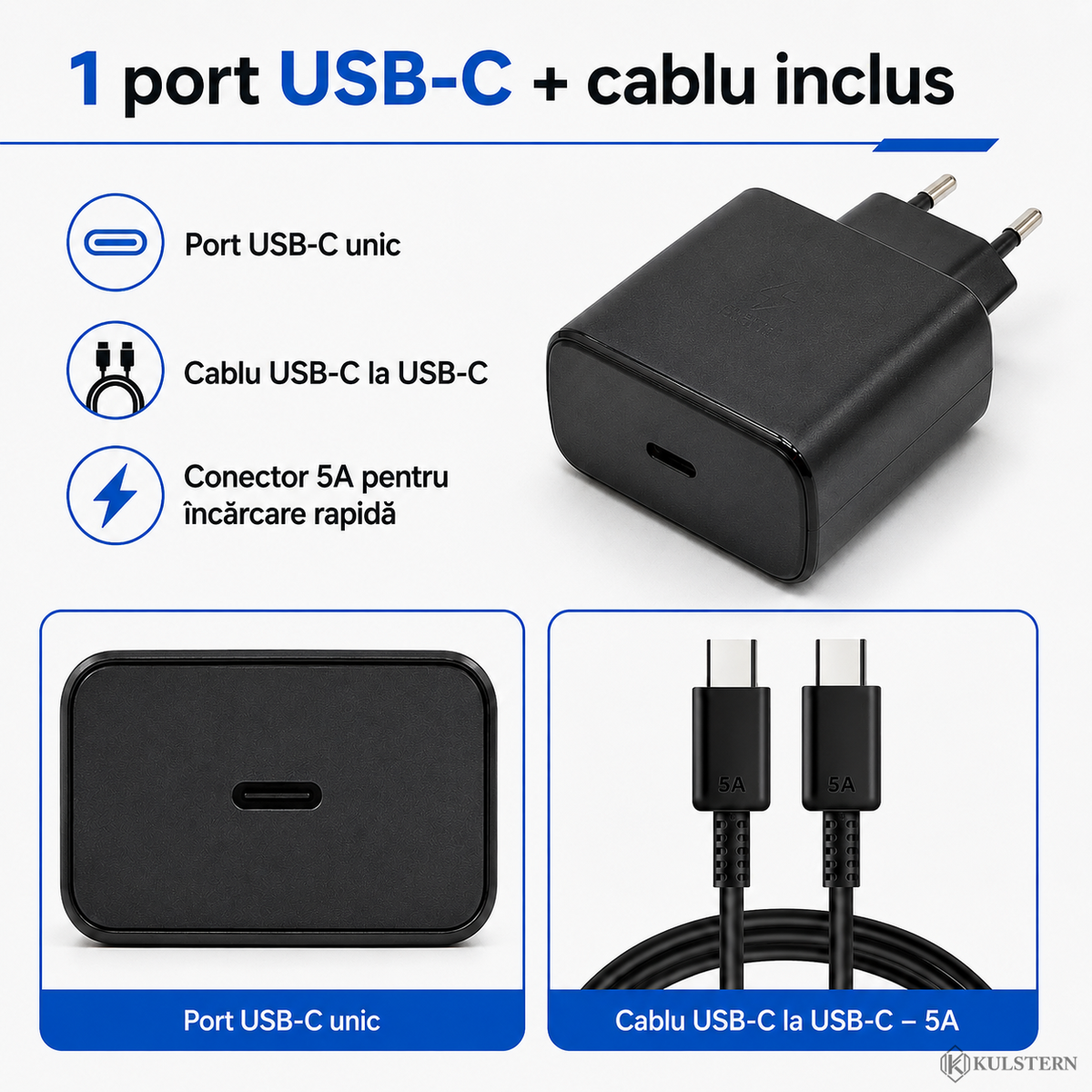 Încărcător 45W cu un port USB-C și cablu USB-C la USB-C 5A de 2 metri inclus