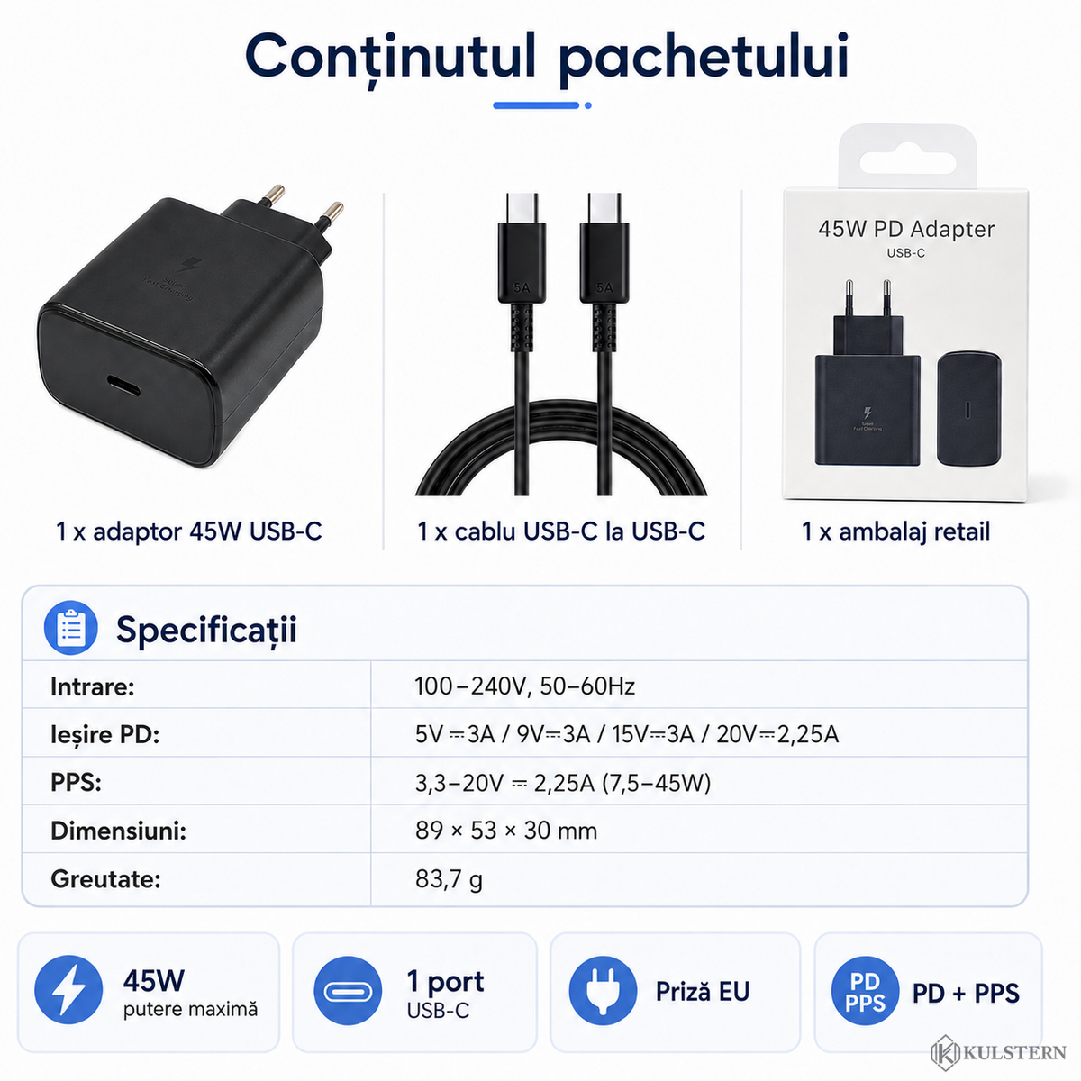 Conținut pachet încărcător 45W USB-C cu cablu 2 m și specificații PD PPS