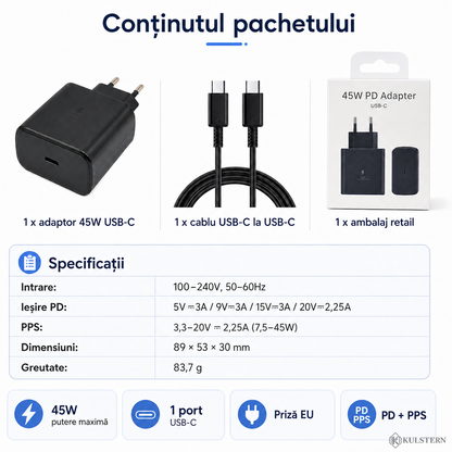 Conținut pachet încărcător 45W USB-C cu cablu 2 m și specificații PD PPS