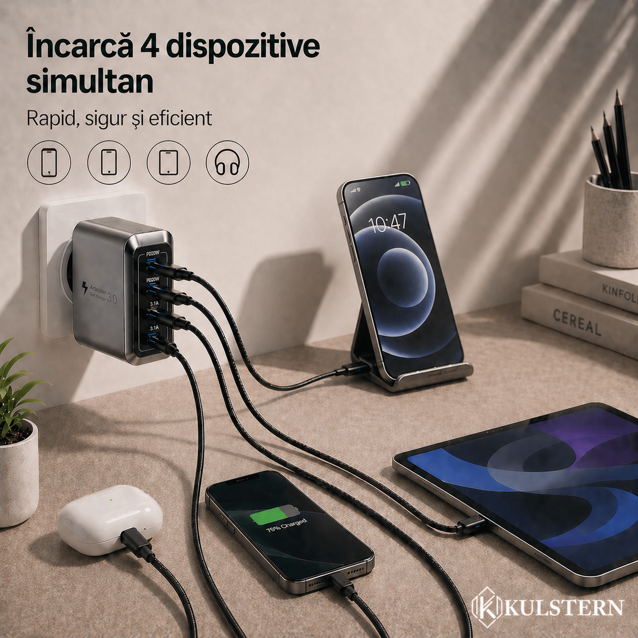 Încărcător multiport 55W Kulstern ideal pentru acasă birou și călătorii