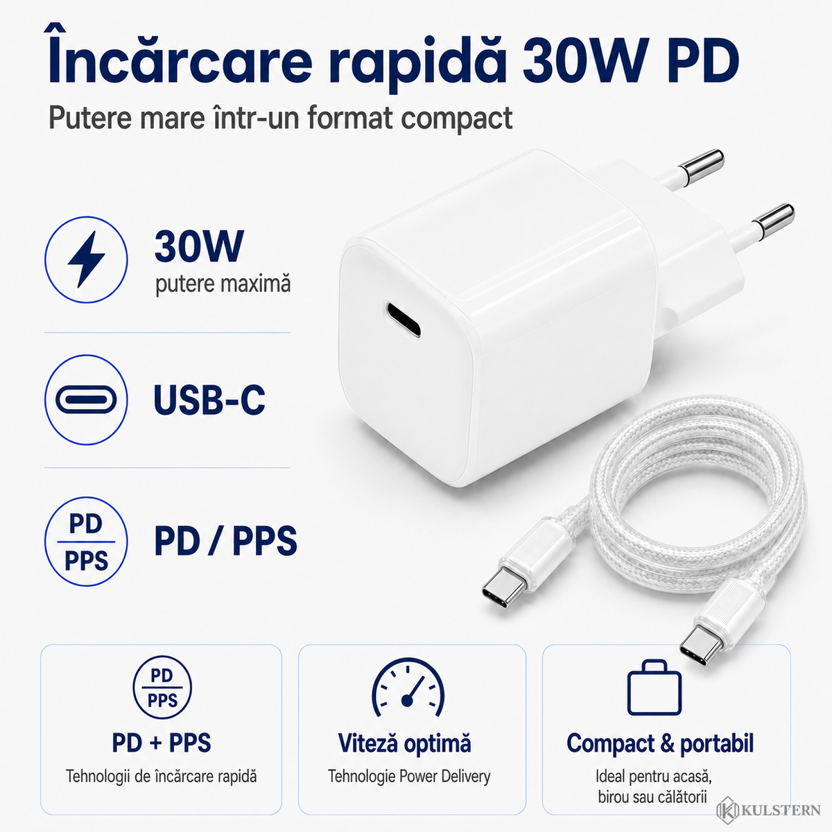 Încărcător rapid Kulstern 30W USB-C alb cu Power Delivery PD și PPS pentru încărcarea dispozitivelor compatibile