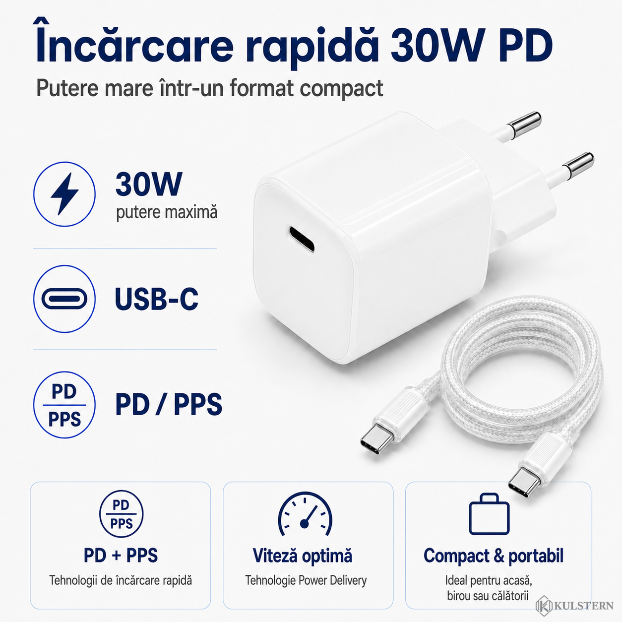 Încărcător rapid Kulstern 30W USB-C alb cu Power Delivery PD și PPS pentru încărcarea dispozitivelor compatibile