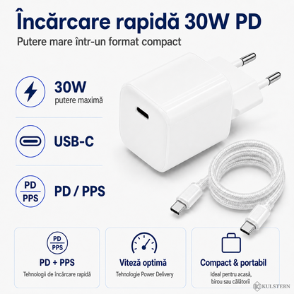 Încărcător rapid Kulstern 30W USB-C alb cu Power Delivery PD și PPS pentru încărcarea dispozitivelor compatibile