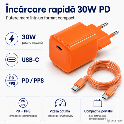 Încărcător rapid Kulstern 30W USB-C cu Power Delivery PD și PPS pentru încărcare rapidă a dispozitivelor compatibile