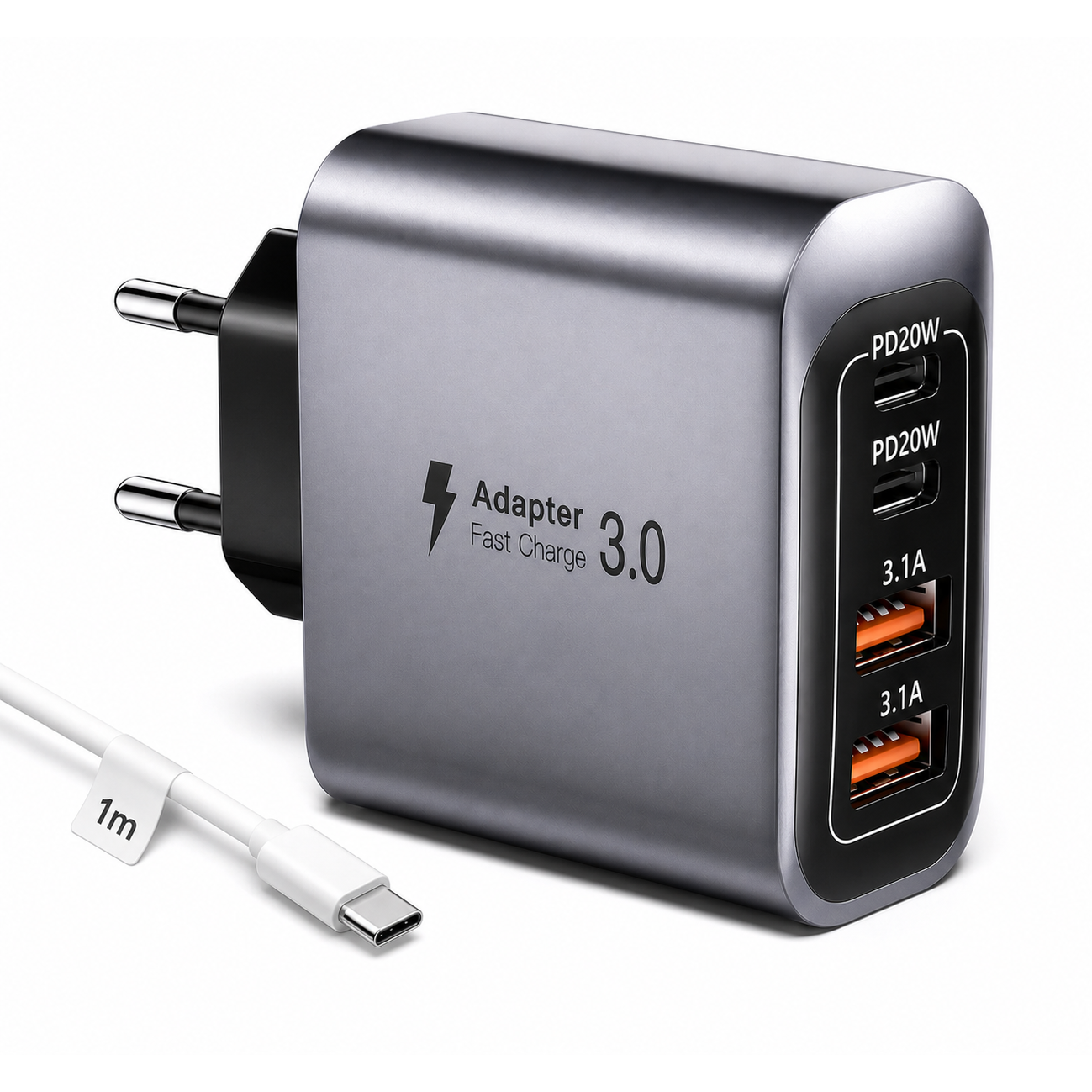 Încărcător rapid 55W multiport Kulstern cu 2 USB-C 2 USB-A și cablu USB-C inclus