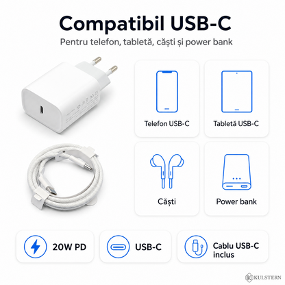 Încărcător USB-C 20W compatibil cu telefon tabletă căști și power bank