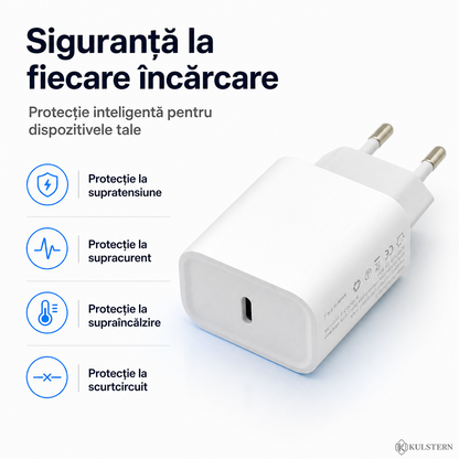 Încărcător USB-C 20W cu protecție la supratensiune supracurent și supraîncălzire
