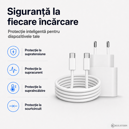 Încărcător USB-C 20W cu protecție la supratensiune supracurent și supraîncălzire