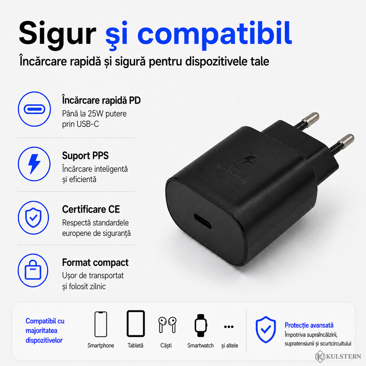 Încărcător rapid USB-C 25W cu PD PPS și certificare CE