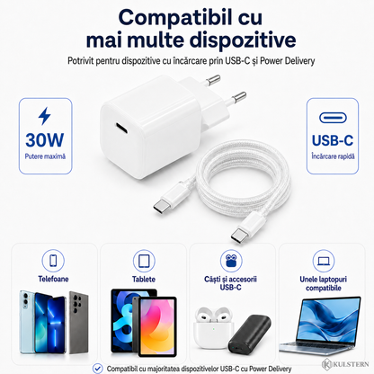 Încărcător USB-C 30W alb compatibil cu telefoane, tablete, căști, accesorii USB-C și unele laptopuri cu Power Delivery