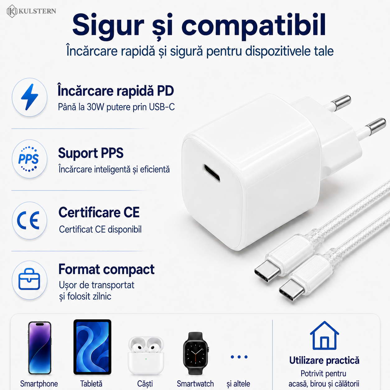 Încărcător USB-C 30W Kulstern alb cu PD, PPS și certificare CE, format compact pentru utilizare zilnică