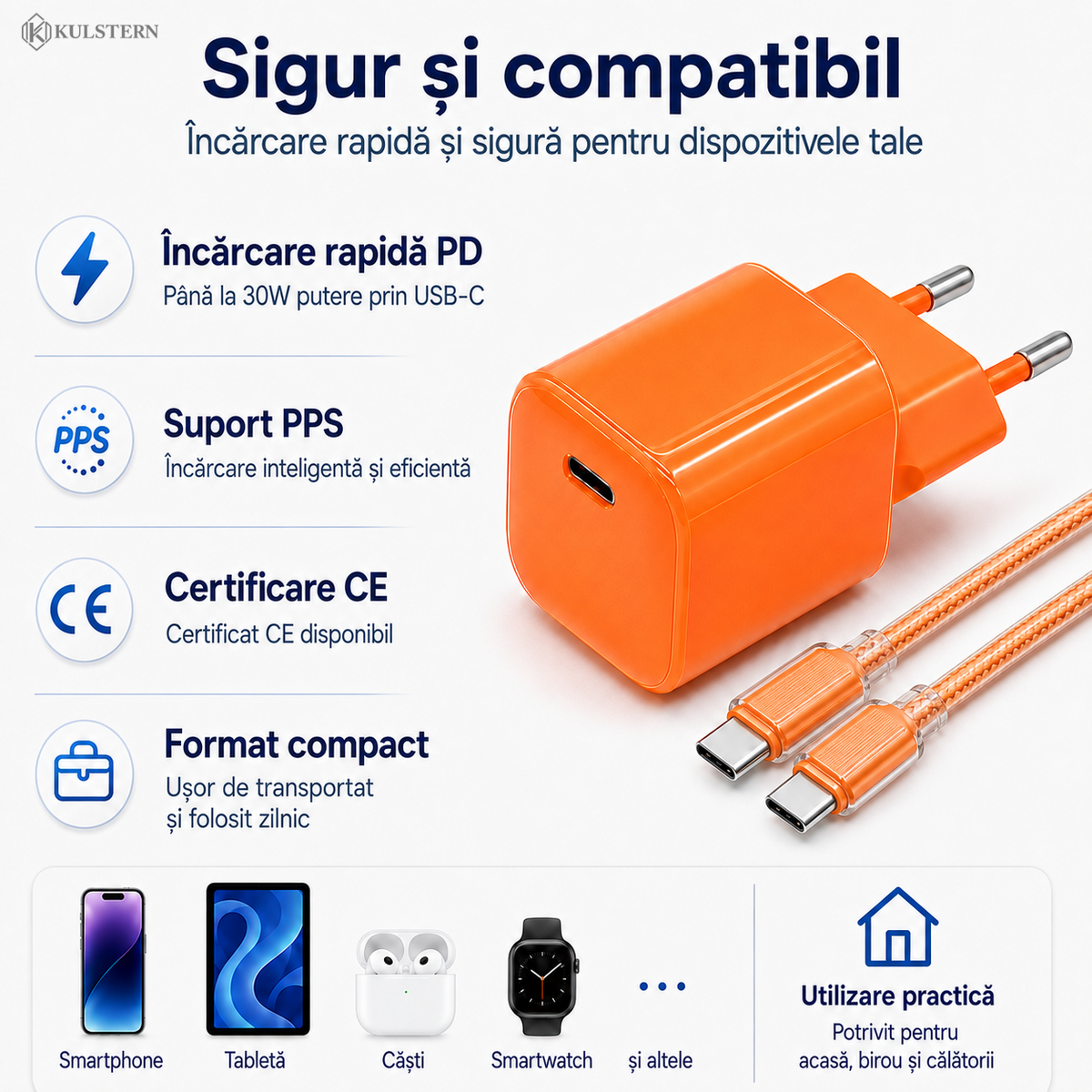 Încărcător USB-C 30W Kulstern cu PD, PPS și certificare CE, format compact pentru telefoane, tablete și accesorii compatibile