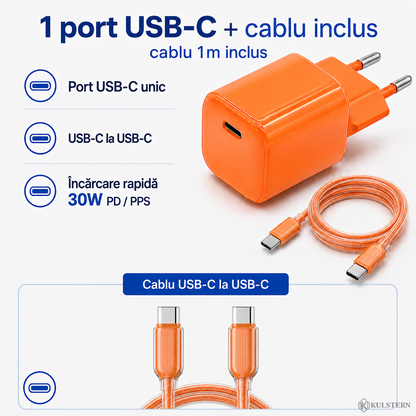 Încărcător rapid Kulstern 30W cu un port USB-C, PD PPS și cablu USB-C la USB-C de 1m inclus