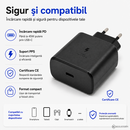 Încărcător rapid USB-C 45W PD PPS cu certificare CE și protecție la încărcare