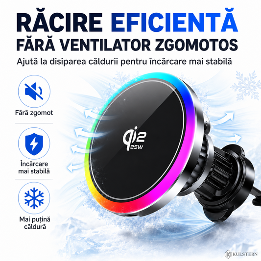 Încărcător auto Kulstern Qi2 25W cu răcire semiconductor și ventilator silențios