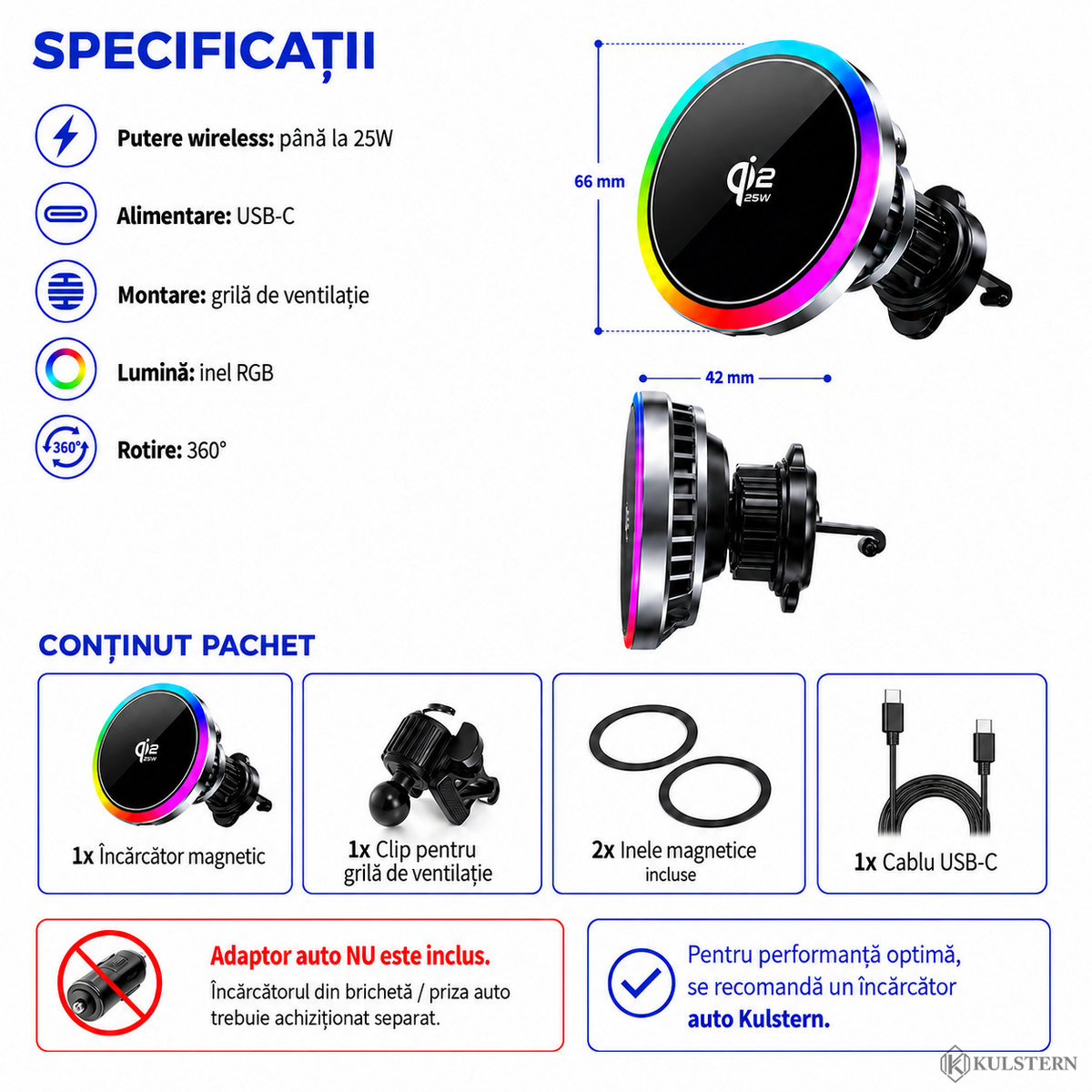 Specificații și accesorii incluse pentru încărcător auto wireless magnetic Kulstern Qi2 25W