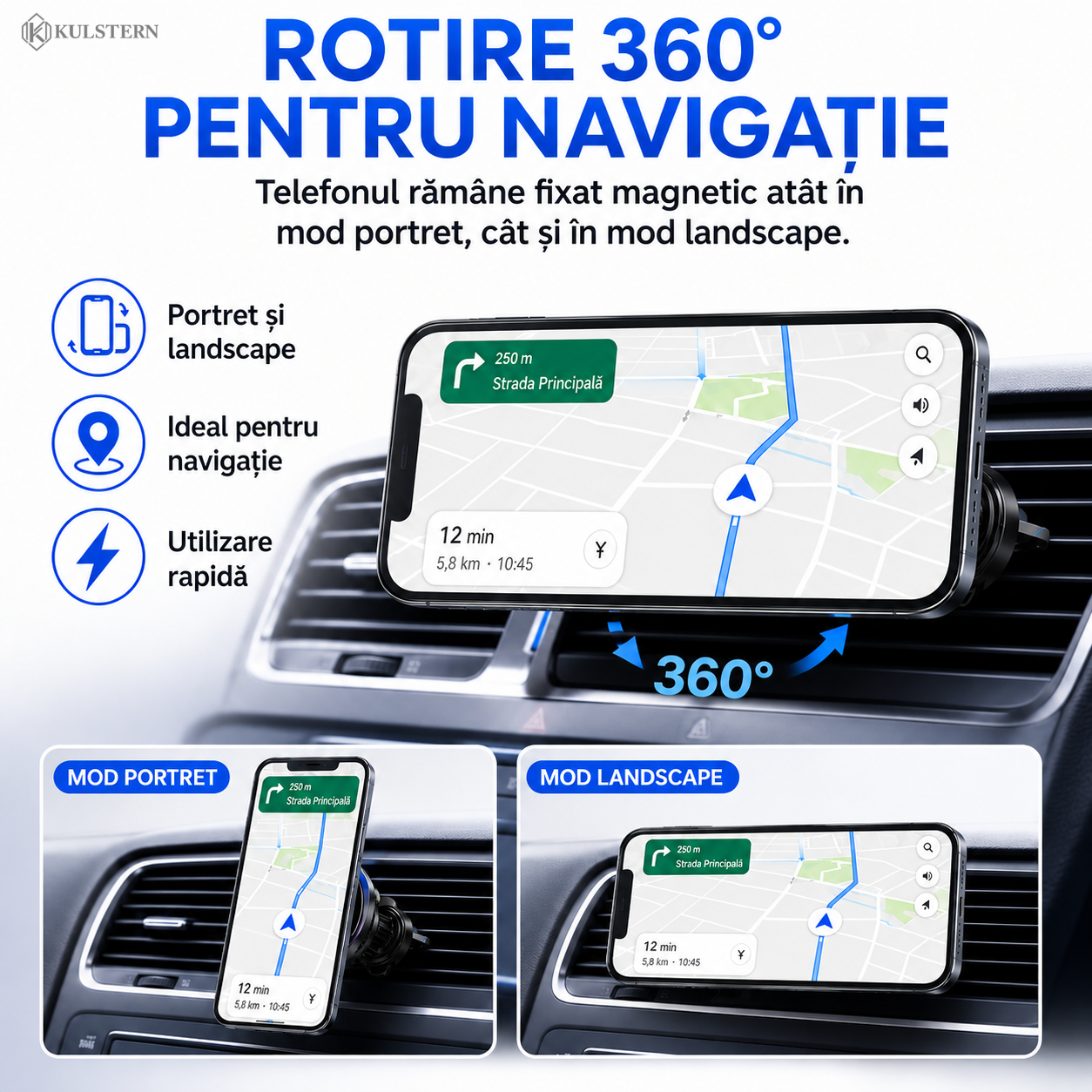 Încărcător auto wireless Kulstern cu rotire 360 grade pentru navigație portret și landscape