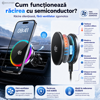 Sistem de răcire cu semiconductor și ventilator silențios pentru încărcător auto Kulstern Qi2 25W