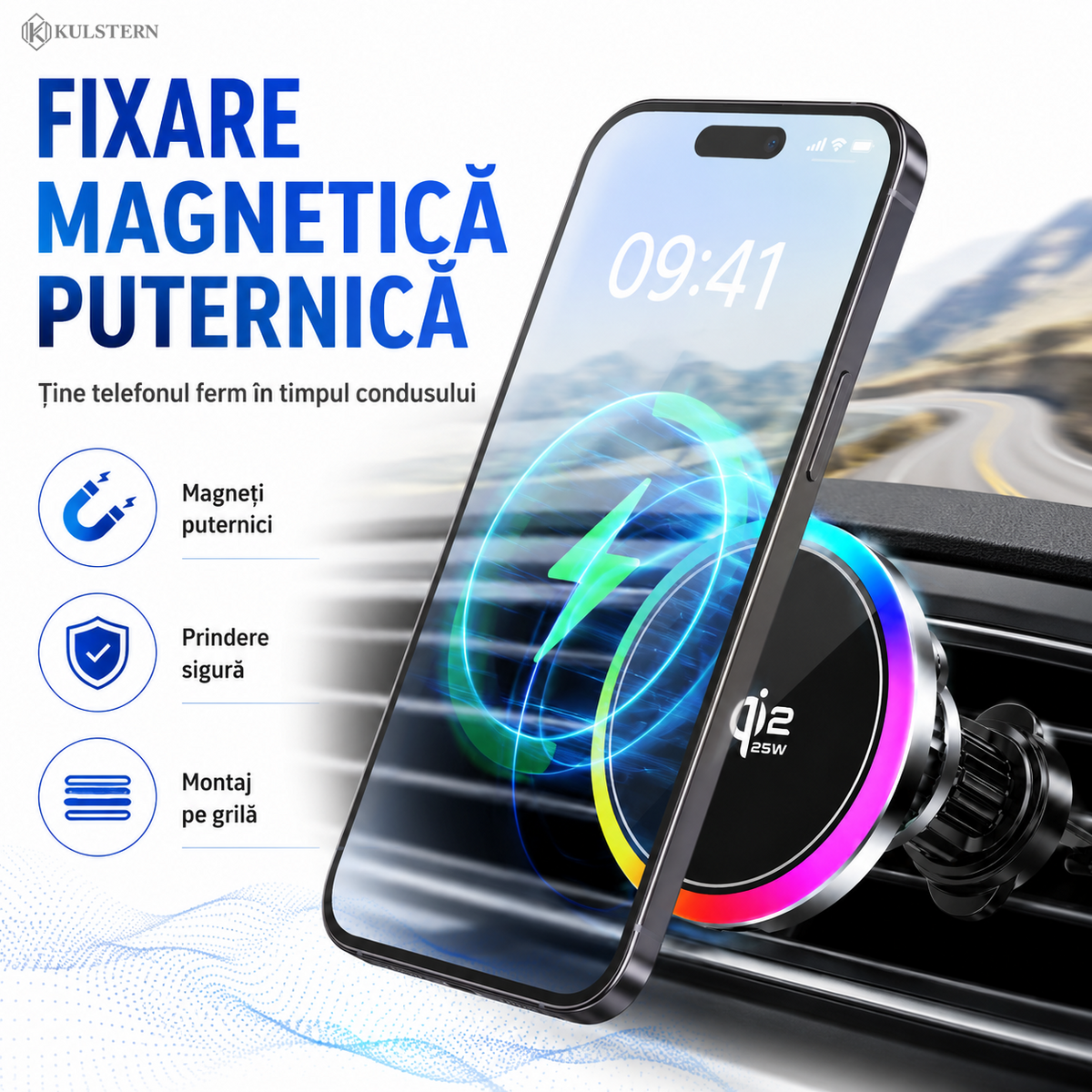 Suport auto magnetic Kulstern Qi2 25W cu fixare puternică pe grila de ventilație