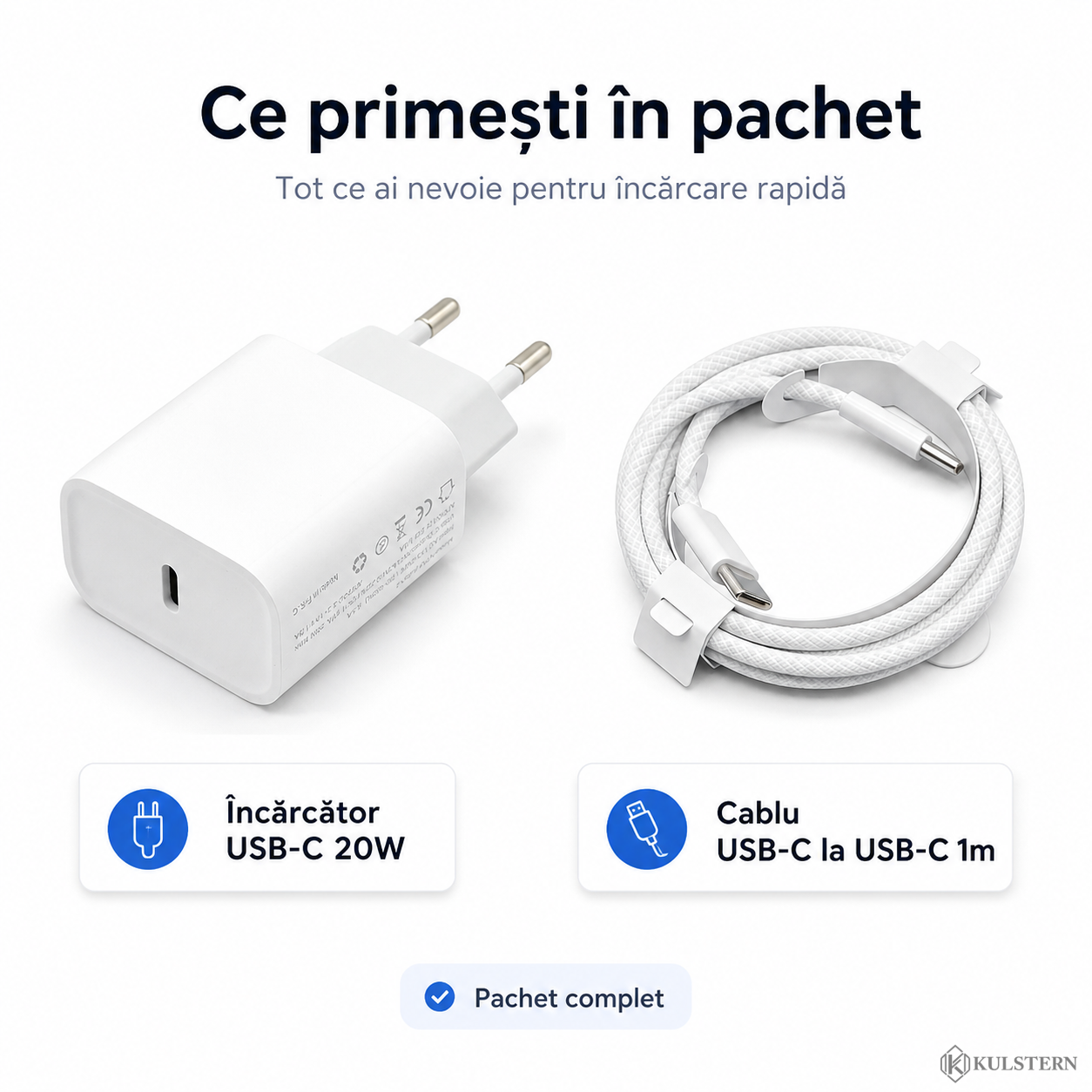 Set încărcător USB-C 20W cu cablu USB-C împletit 1m inclus Kulstern